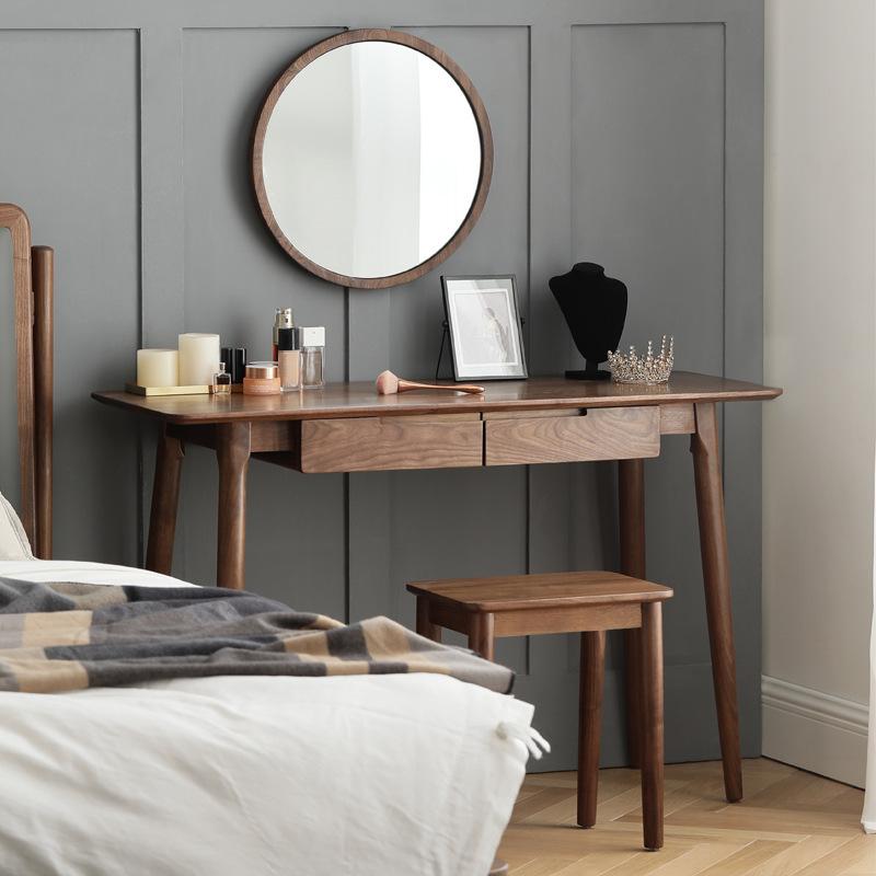 ドレッサー 北欧 小户型 寝室用 収納付き 黒胡桃木 無垢材 化粧台 デスク 鏡なし 黒胡桃 椅子