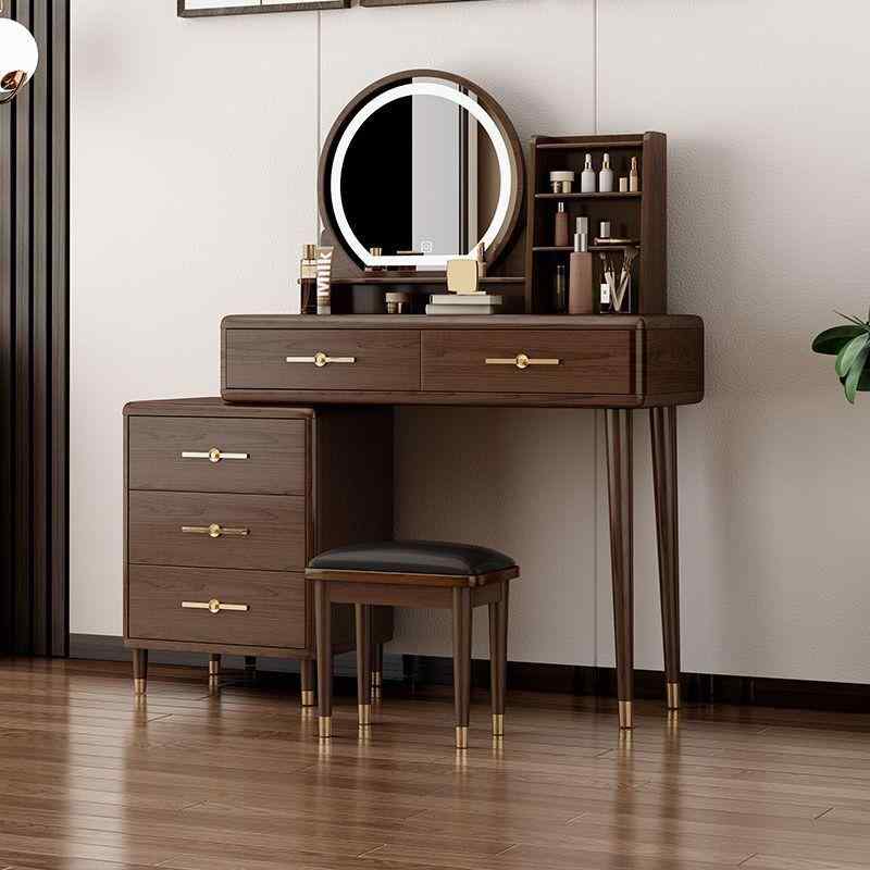 ドレッサー 収納一体型 ベッドサイドテーブル 伸縮式 実木 無垢材 新中式 寝室 化粧テーブル 丸型ミラ..