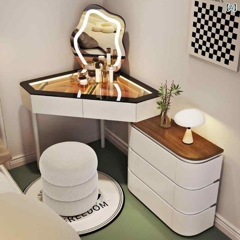 ドレッサー ライト付き 椅子付き コーナータイプ 鏡台 化粧台 収納棚付き メイク台 寝室用 ホワイト ブ..