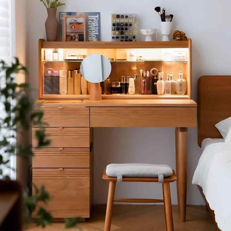 ドレッサー レディース 桜の木 無垢材 化粧台 北欧風 メイク台 収納付き ミラー付き 寝室用 1m
