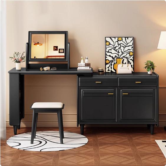 ドレッサー 実木製 ブラック レトロ 法式 化粧台 伸縮式 コーナー メイクアップテーブル 収納付き 椅子..
