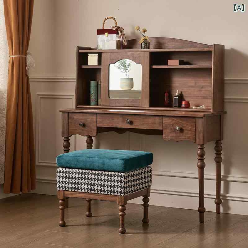 ドレッサー 木製 黒胡桃 bedroom 寝室 化粧台 鏡台 椅子付き スツール付き コンパクト 省スペース 多機..