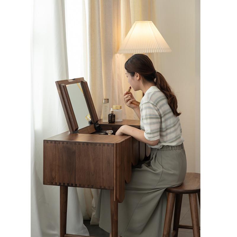 ドレッサー 北欧 実木 寝室 モダン シンプル 高級感 化粧台 スツール付き 小型 ブラック ウォールナッ..