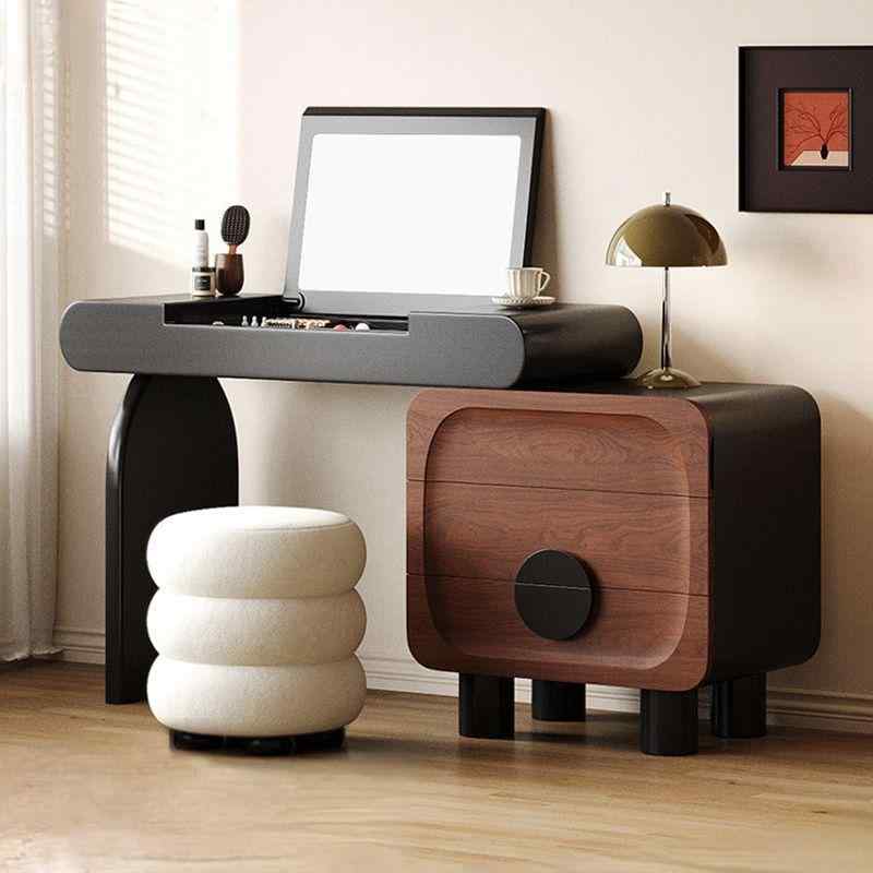 ドレッサー コーナー型 伸縮式 ヴィンテージ コンパクト Walnut木目調 フラップ式 化粧台 収納一体型 ..