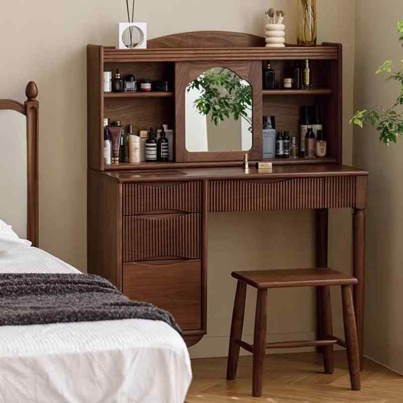 ドレッサー 北欧 子供 大人 高齢者 寝室用 黒クルミ材 無垢材 コンパクト 多機能 鏡付き 組み立て配送