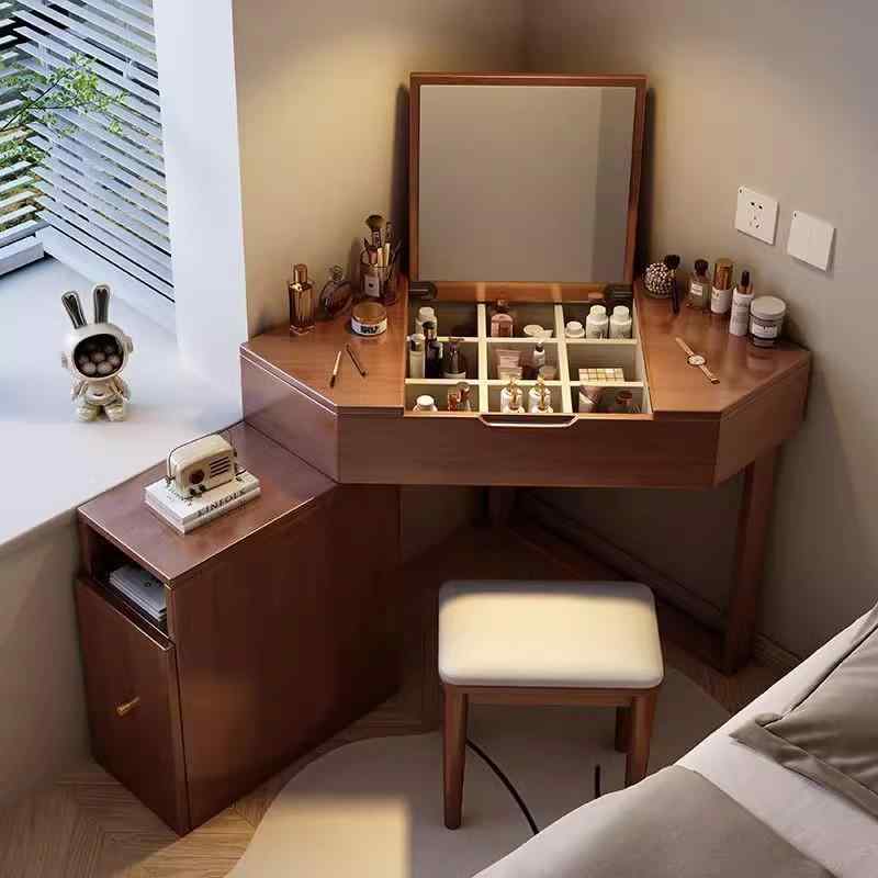 ドレッサー 木製 コンパクト コーナー 鏡台 椅子付き 収納付き 伸縮 回転 おしゃれ 多機能 シンプル デ..