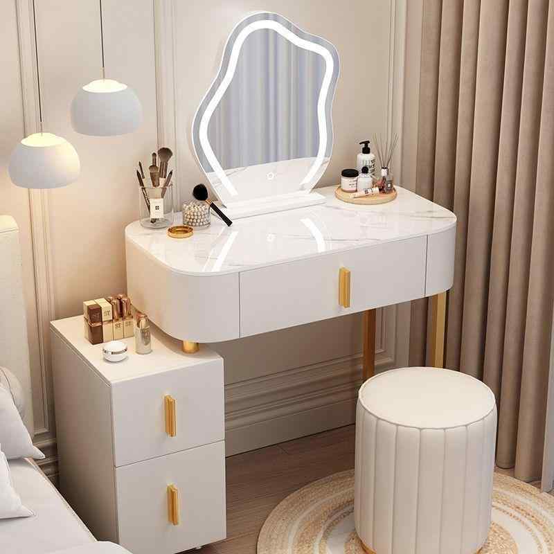 ドレッサー 小さめ 寝室用 化粧台 椅子付き コンパクト サイドキャビネット付き 岩盤天板 組み立て式