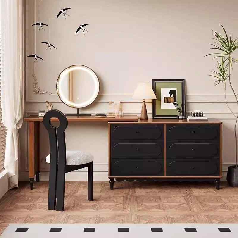 ドレッサー 実木製 六段チェスト付き 伸縮式 化粧台 ローマ柱 ヨーロピアン調 鏡台 スツール付き 寝室..