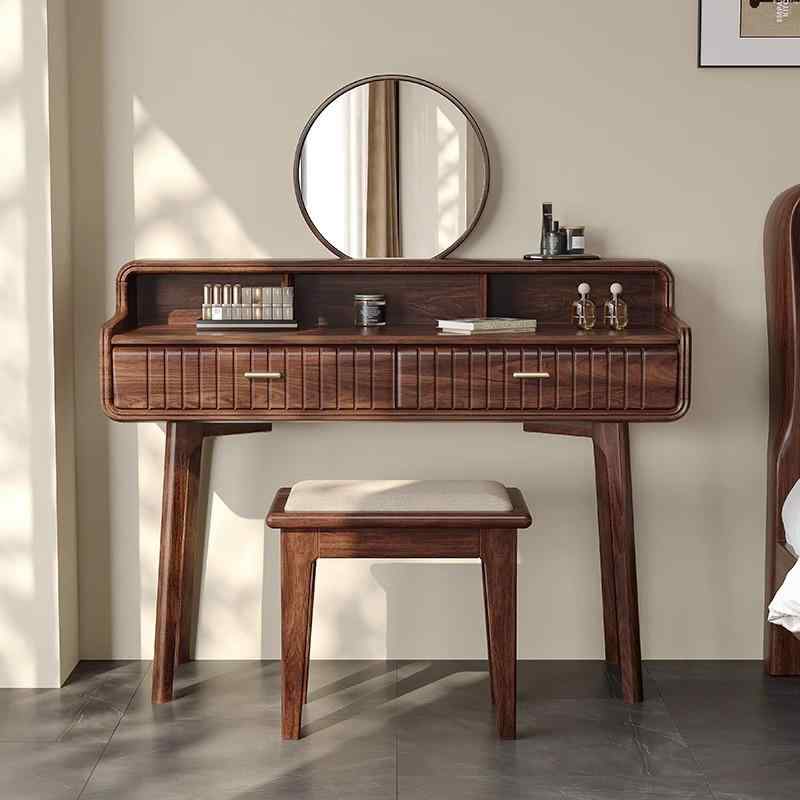ドレッサー 北欧風 スツール付き 木製 無垢材 ブラックウォールナット 寝室 化粧台 鏡台 コンパクト 省..