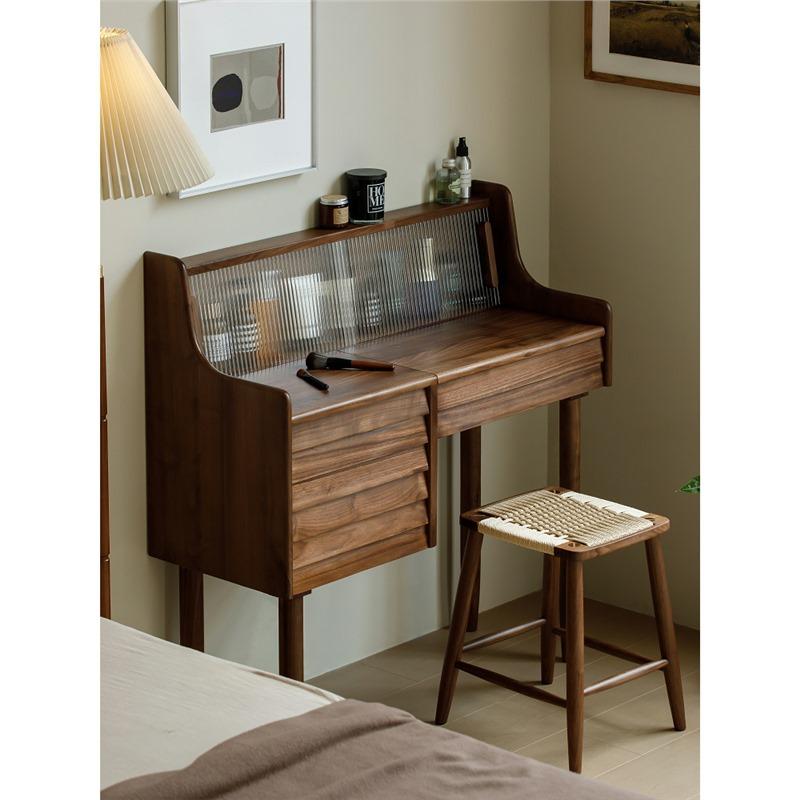 ドレッサー 北欧 レトロ 小さめ 実木 無垢材 化粧台 椅子付き 収納一体型 鏡付き メイク台 コンパクト ..