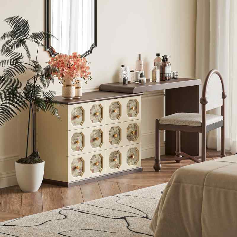 ドレッサー 中古風 多機能デザイン 寝室用 ベッドサイドテーブル ダークブラウン 木製 引き出し付き 鏡..