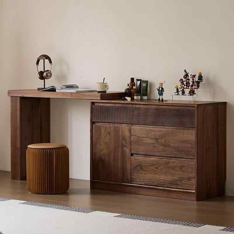 ドレッサー 黒クルミ木製 無垢材 L字型 デスク キャビネット一体型 桜の木 寝室 多機能 収納 化粧台