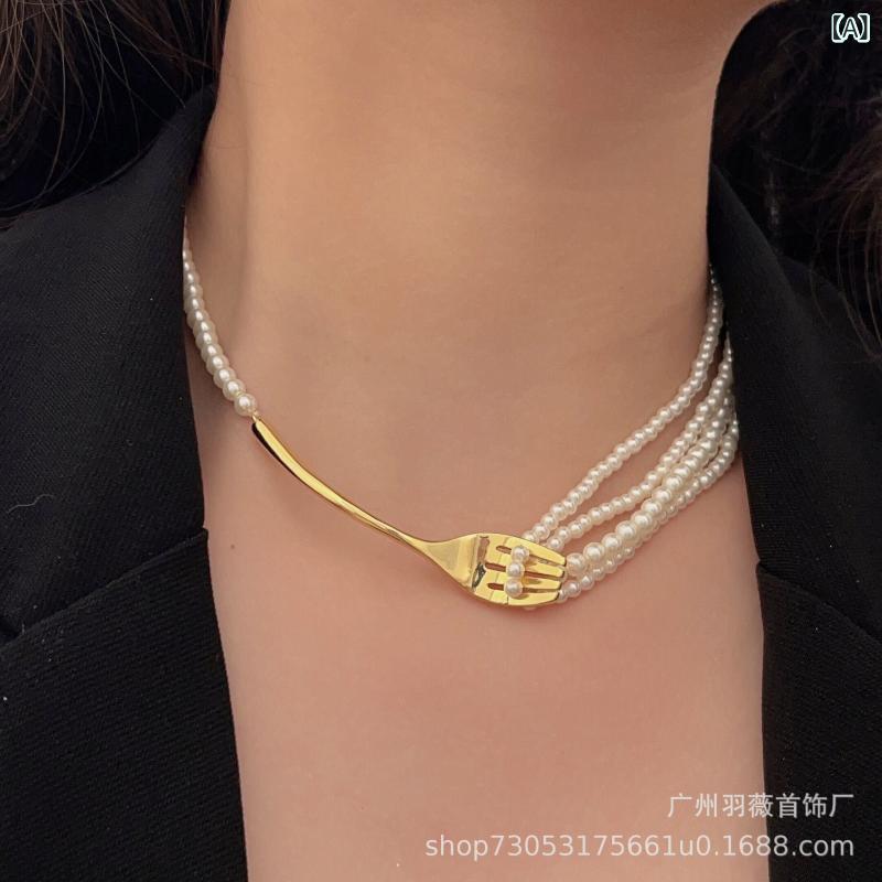 ネックレス レディース 食器 フォーク パール チョーカー 高級感 メラード 電気メッキ加工 幾何学模様 ..