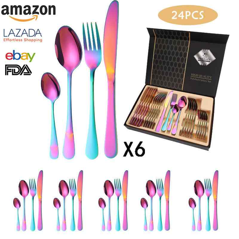 カトラリーセット ステンレス製 ディナーセット ナイフ フォーク スプーン 24本セット 銀色 金色 ロー..