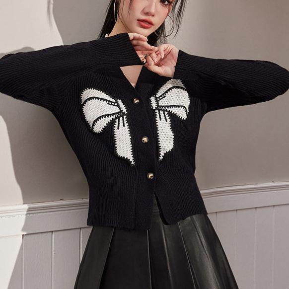 ニット・セーター レディース Vネック カーディガン 刺繍 蝶結び デザイン ニット トップス 長袖 ショ..