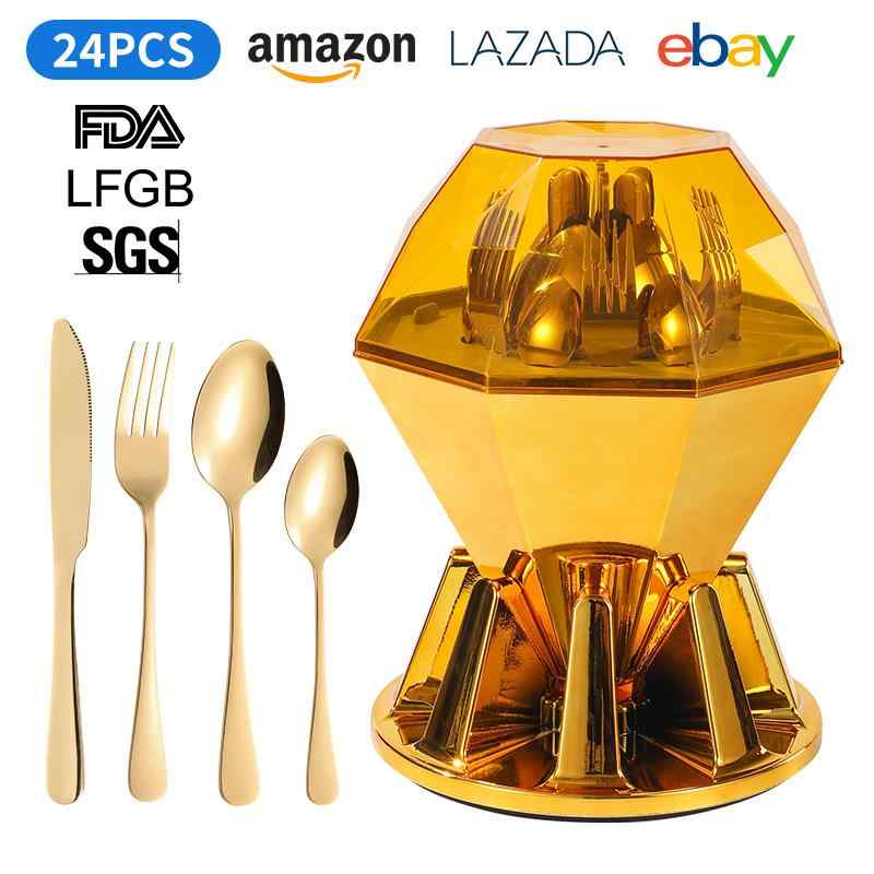カトラリー ステンレス製 ディナーセット ダイヤモンドエッグ型 ナイフ フォーク スプーン 24本セット ..