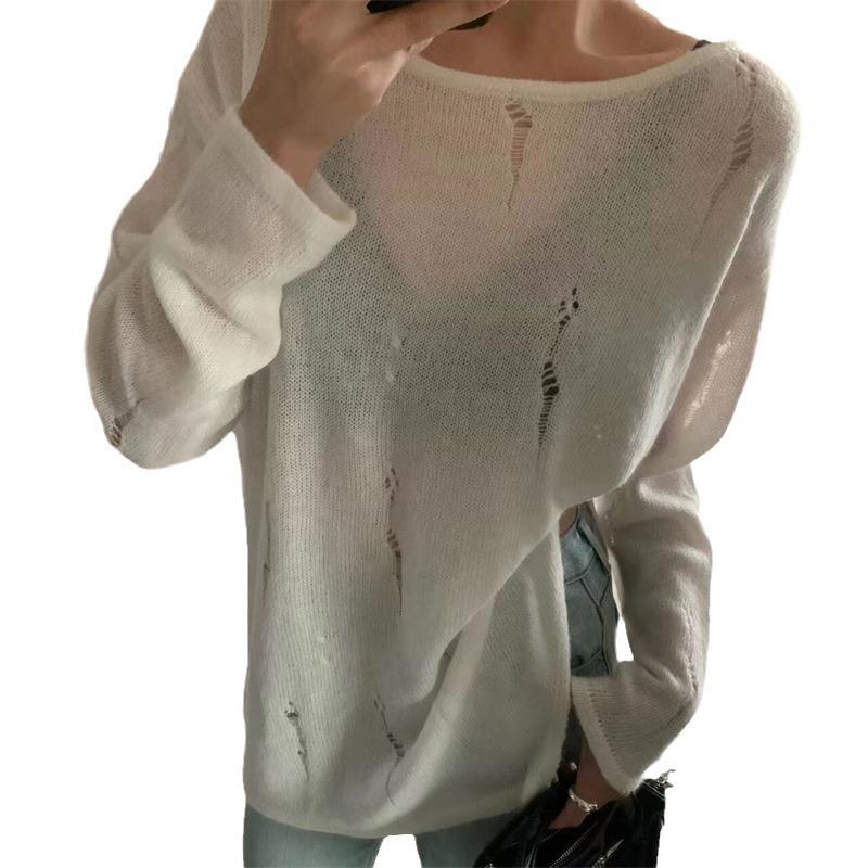 ニット レディース トップス 長袖 プルオーバー ラウンドネック 薄手 ゆったり 肩出し 無地 春秋 白色