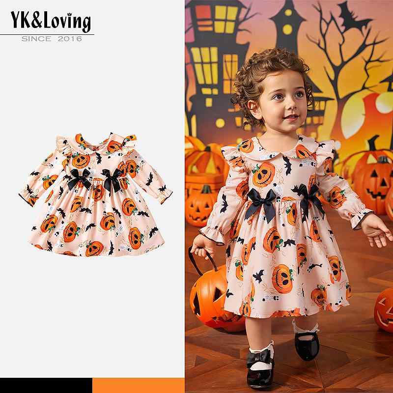 ワンピース 女児 ハロウィン コスチューム カボチャ プリント フリル袖 プリンセススタイル ポリエステ..