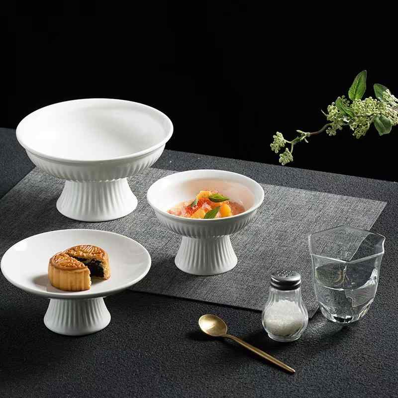 ケーキ皿 デザート皿 中華風 丸形 無地 陶器 トレー 深皿 高脚 菓子皿 果物皿