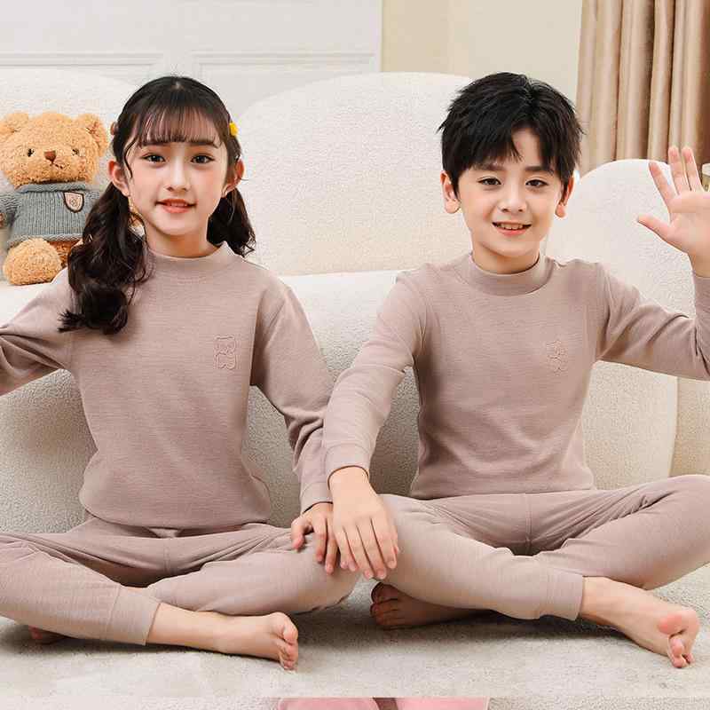 子供用肌着 秋冬用 中厚手 上下セット 男の子 女の子 学生用 無縫製 アンダーシャツ パジャマ 部屋着 ポリエステル 無地 ブルー ピンク パープル グリーン 100 110 120 130 140 150 160 170