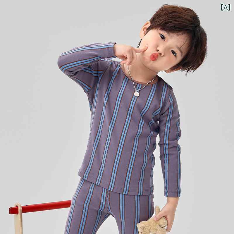 子供用インナーウェア 上下セット A類 パジャマ キッズ ベビー 厚手 保温 吸湿性 通気性 ストライプ 綿混紡 春秋 冬