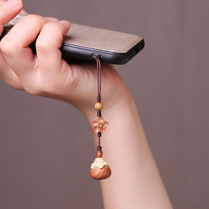 キーホルダー 桃の木 鈴付き 福字 レトロ風 編み込み USBメモリ ペンダント