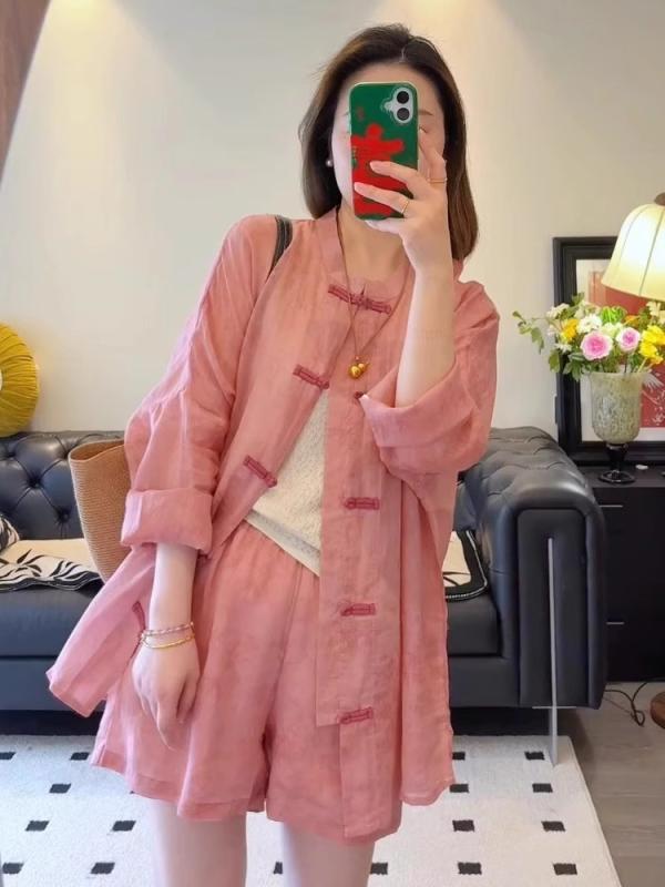 セットアップ レディース 新 中華風 ピンク系 亜麻 リネン 混紡 ブラウス ショートパンツ 上下 2点セット プリンセススリーブ エレガント 通勤 オフィスカ...