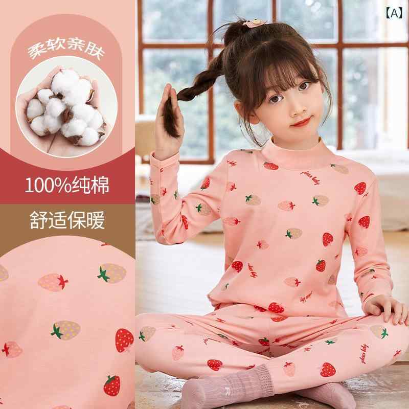 子供服 女の子 秋 冬 長袖 トップス ズボン 上下セット 綿100% 高い襟 暖かい インナーウェア パジャマ 部屋着 かわいい ウサギ イチゴ アニマル柄 110 120 130 140 150 160