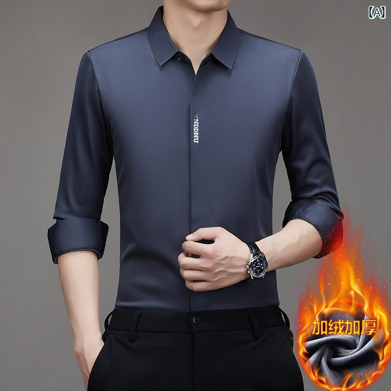 シャツ メンズ 男性用 長袖 防寒 裏起毛 形態安定 ビジネス 普段使い トップス 灰色 ブラック 酒 красн..