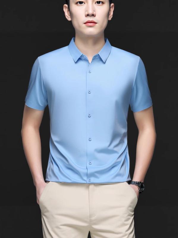 シャツ メンズ 半袖 無地 接触冷感 ストレッチ スリム 薄手 涼しい 開襟シャツ カジュアル 男性用 トッ..