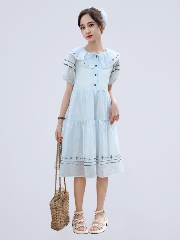 ワンピース 女の子 半袖 子供服 パフスリーブ Aライン コットン 花柄 襟付き プリンセス かわいい 膝丈 中大童 夏 140 150 160 170