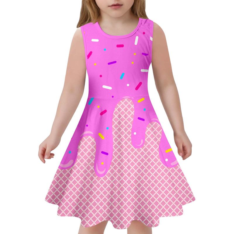 ワンピース 女の子 キッズ 子供服 ノースリーブ プリンセス ロングワンピース ドット柄 アイスクリーム柄 ポリエステル 直贡呢 清涼 涼しい 夏 サマー