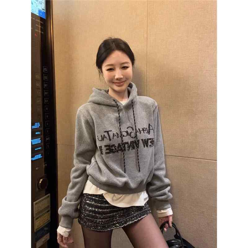 パーカー レディース 春物 裏起毛 厚手 フード付き スパンコール ロゴ 長袖 ゆったり プルオーバー ト..