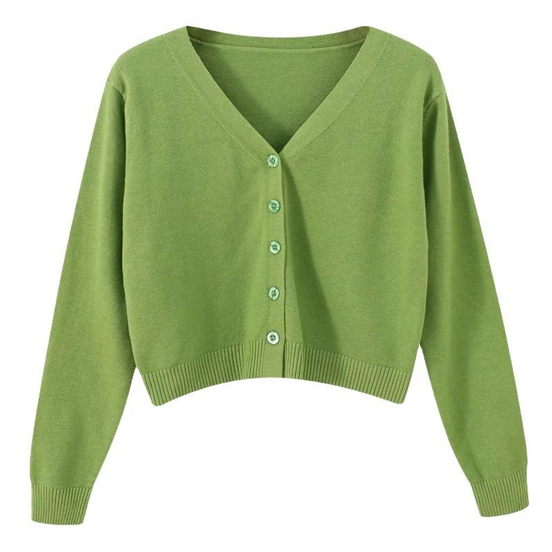 カーディガン レディース ニット Vネック 長袖 ショート丈 トップス 高腰 伸縮性 ポリエステル 無地 ゆったり 薄手 春 アウター 羽織り 白 黒 グレー ワインレッド ピンク 黄色 杏色 カーキ グリーン 紺色