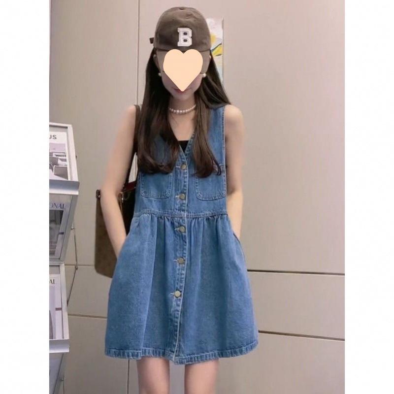 ワンピース レディース デニム サロペット Aライン Vネック ノースリーブ ミニ ショート 丈 街頭風 ゆったりめ 麻 ジーンズ ブルー系