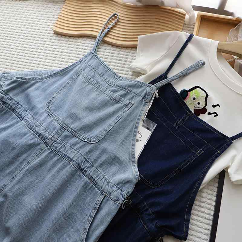 ワンピース レディース デニム ジャンパースカート ロング 高腰 Aライン ゆったり 膝下 ノースリーブ 着痩せ 春夏 綿 浅色 深色