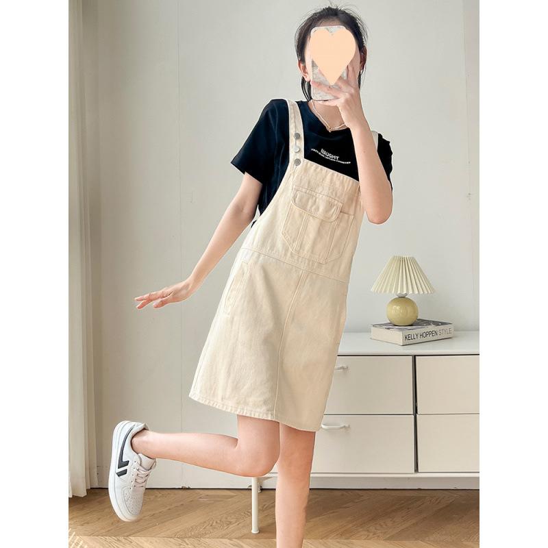 ワンピース レディース デニム ジャンパースカート ミニ丈 小柄 細見え ゆったり かわいい 吊りスカート ノースリーブ ホワイト ブラック系 ポリエステル