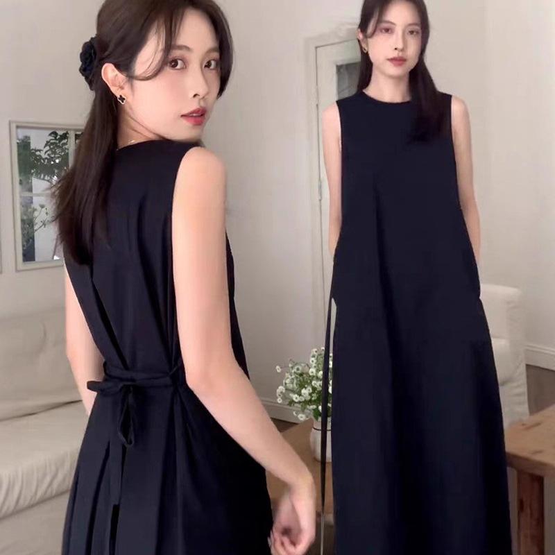 ワンピース レディース ノースリーブ Aライン 膝下丈 ポリエステル 黒 ブラック 無地 カジュアル 春夏 高見え 韓国風