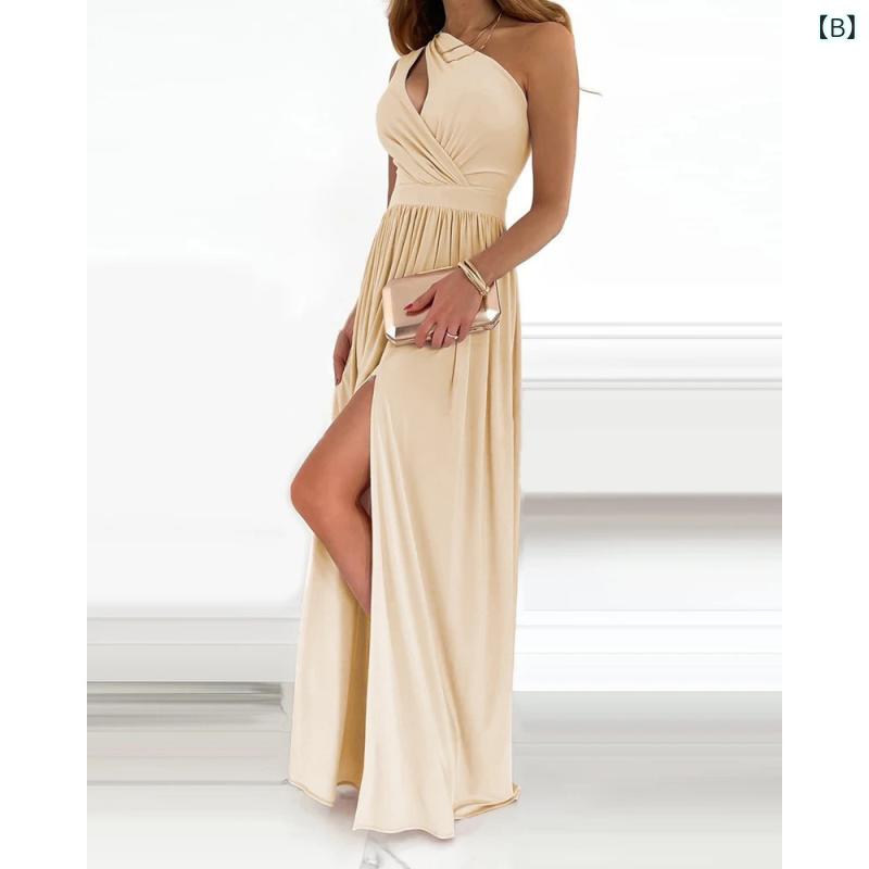 ワンピース レディース ノースリーブ ロング 高腰 スリット 無地 ポリエステル elegant 普段使い パーティー 結婚式 二次会 ドレス グリーン 杏色 レッド ブラック ブルー ホワイト ピンク系 S M L XL XXL