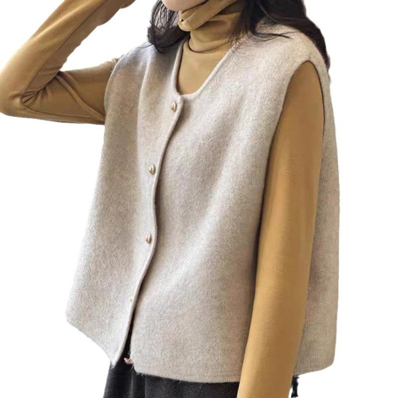 ニット レディース 韓国風 ニットベスト シングルブレスト 丸首 ゆったり カーディガン ベスト トップス ノースリーブ 接触冷感 秋冬 グレー ブラック ベージュ キャメル シルバー