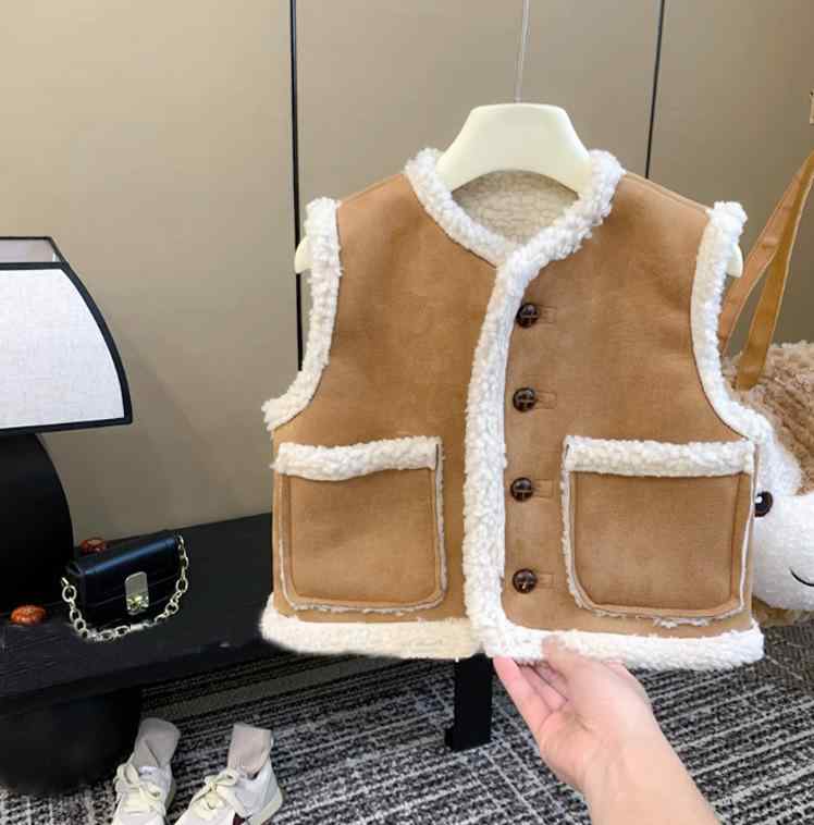子供服 ベスト 秋冬 韓国風 男女兼用 ボア アウター かわいい おしゃれ 中小童サイズ 80cm 90cm 100cm 110cm 120cm 130cm カーキ スエード ベスト トップス カットソー パンツ ズボン