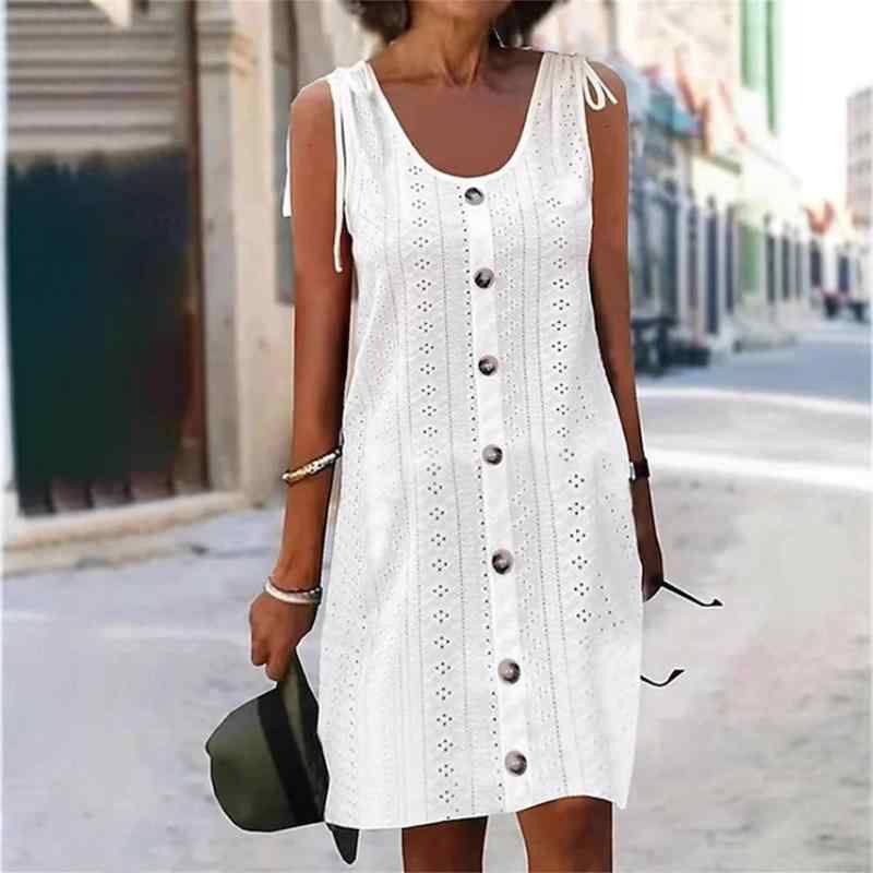 ワンピース レディース ノースリーブ Uネック 膝丈 膝下丈 ポリエステル 無地 細見え ブラック ホワイト ピンク 浅葱色 エレガント きれいめ 通勤