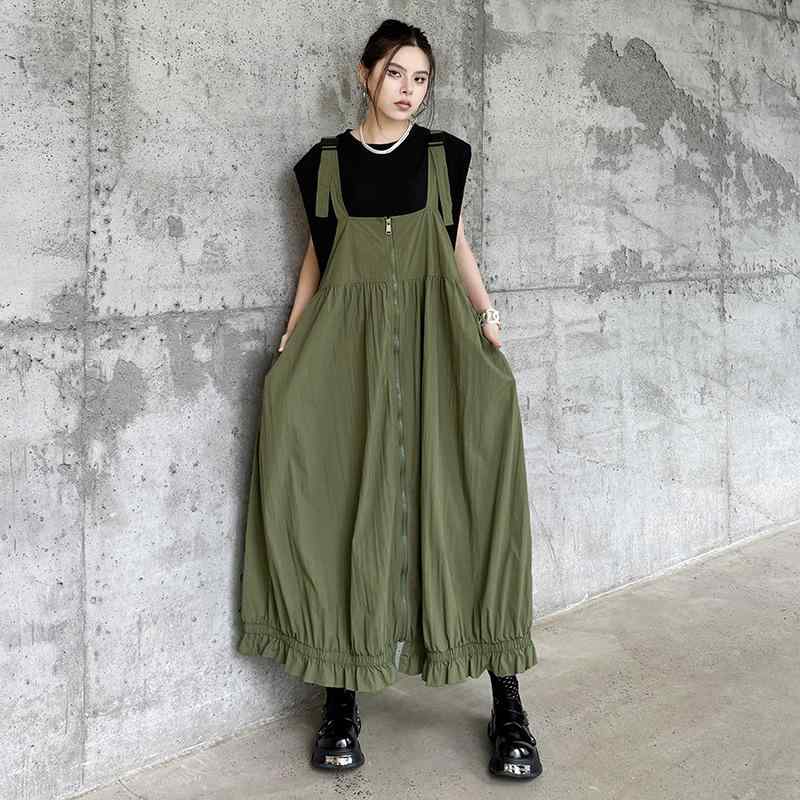 ワンピース レディース ワークウェア風 サロペットスカート ロング丈 ポリエステル 無地 ゆったりサイ..