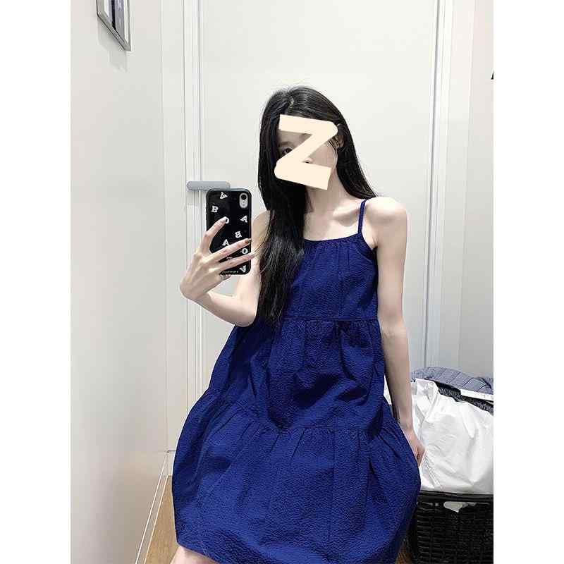 ワンピース レディース 春夏 韓国風 Aライン 背中開き キャミソールワンピース 膝丈 ポリエステル 無地 クラインブルー ホワイト