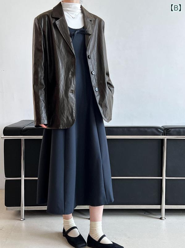 ワンピース レディース 韓国風 ノースリーブ Aライン 膝下丈 ポリエステル 高見え 無地 ブラック ネイビー 春秋