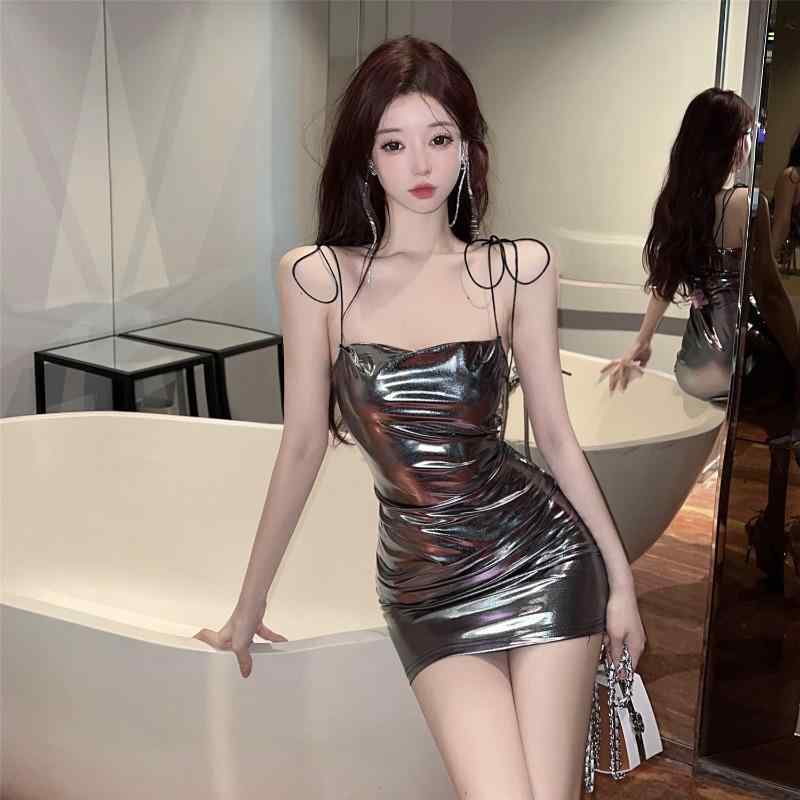 ワンピース レディース 膝上丈 ノースリーブ タイト セクシー ストリート ギャル シルバー 銀色 麻 リネン