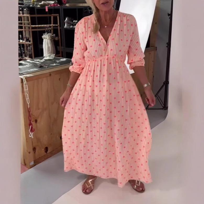 ワンピース レディース 春夏 愛心プリント Vネック Aライン ロングワンピース 7分袖 欧美 ?接 デザイン ?雅 气? 通勤 スタイル ポリエステル100% 普段使い デート