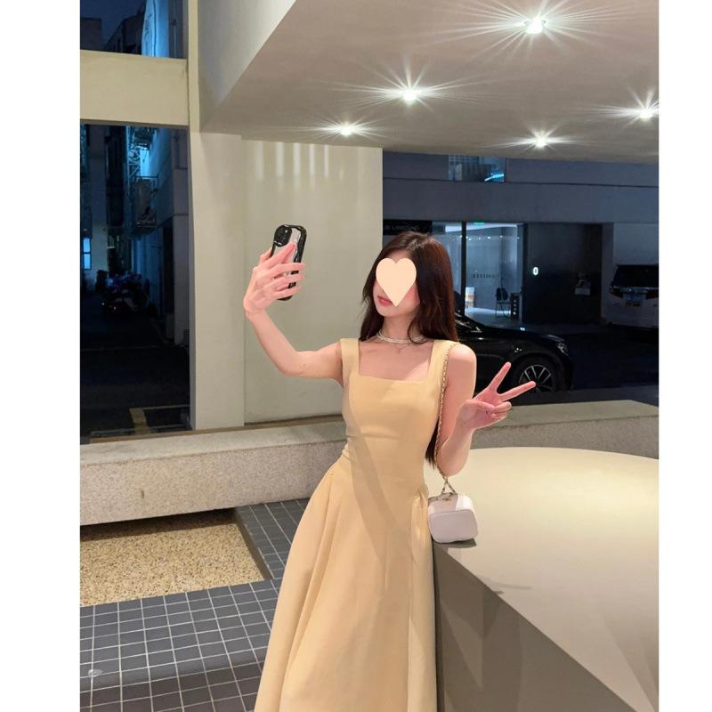 ワンピース レディース Aライン ノースリーブ 吊りスカート ミモレ丈 ポリエステル 無地 切り替え スリム? 春夏 ストリート