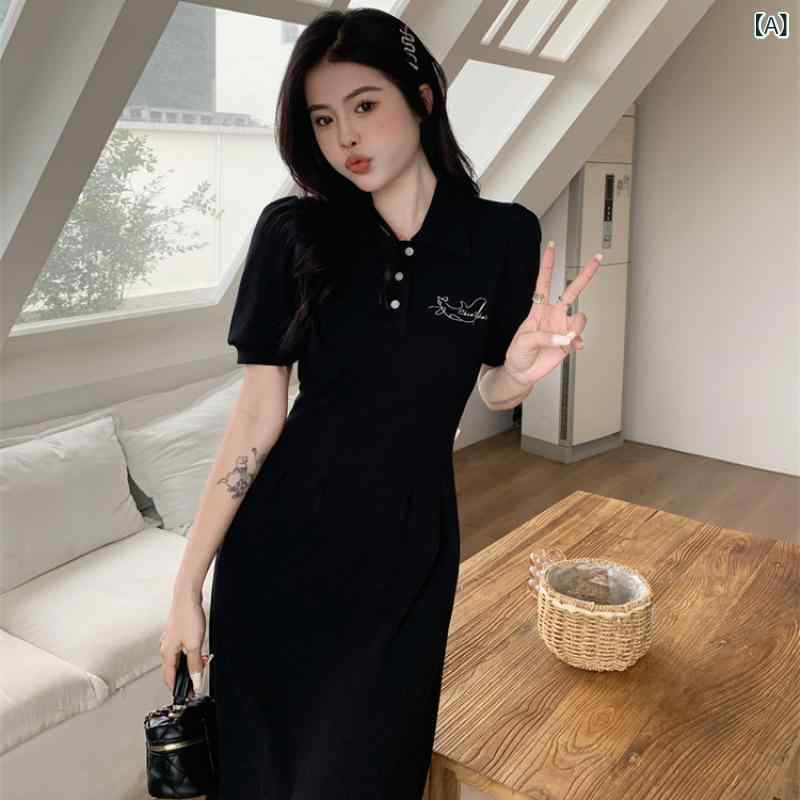 ワンピース レディース 大きいサイズ 半袖 バックシャン リボン ポロ襟 Aライン 膝丈 ブラック 接触冷感 伸縮性 通勤(4)