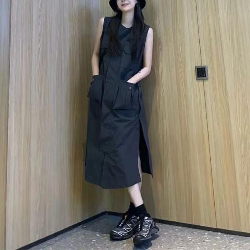 ワンピース レディース 韓国風 デザイン A字 背心 ノースリーブ ロング丈 普段使い ポリエステル 無地 黒 ブラック ストライプ柄 セットアップ